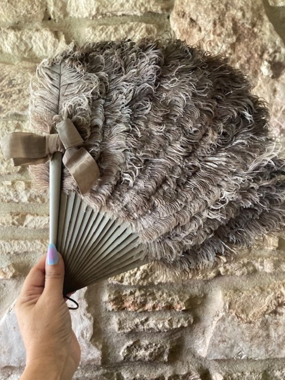 Vintage Mid Century Ostrich Feather Folding Hand Fan